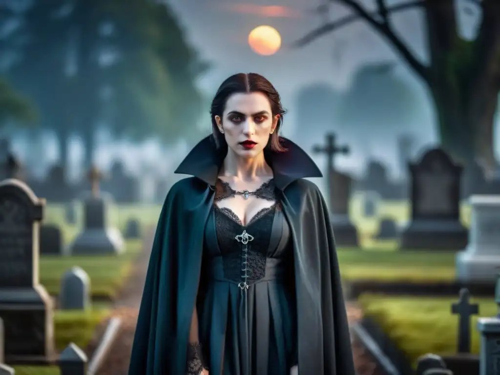 Un vampiro emergiendo de las sombras en un cementerio iluminado por la luna, capturando la transformación de vampiros en la cultura popular