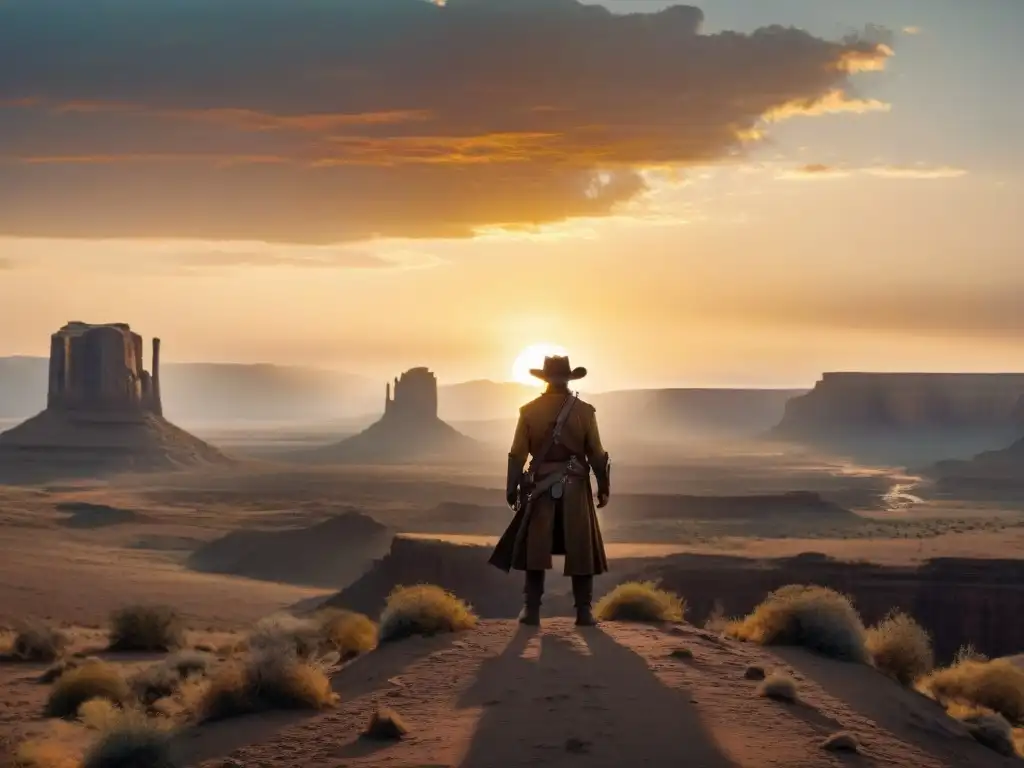 Un vaquero desafiante contempla el horizonte en un paisaje del lejano oeste al atardecer, evocando la esclavitud en Django desencadenado