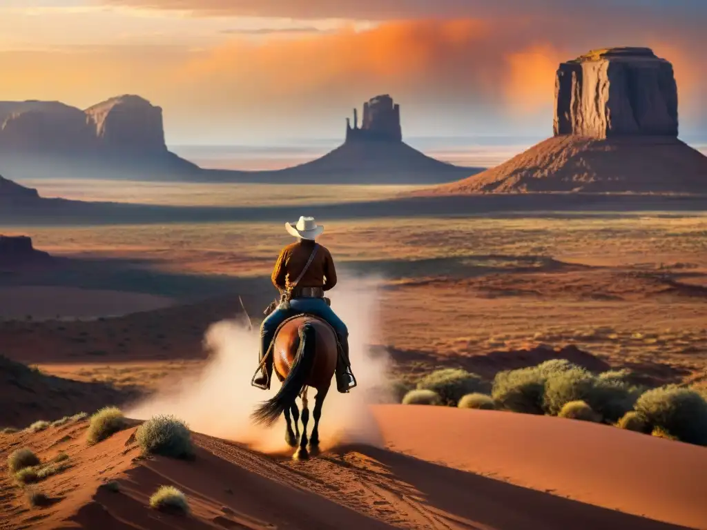 Un vaquero solitario cabalga hacia el atardecer en Monument Valley, evocando la mitología del Viejo Oeste