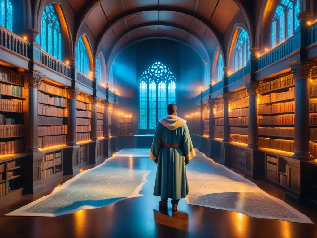 La biblioteca ancestral: misterio y conocimiento en llamas azules En una vasta biblioteca antigua, la crono