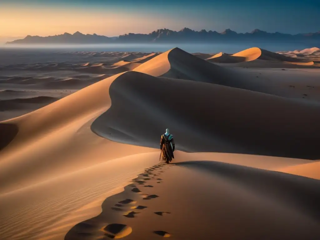 Un vasto desierto en Arrakis bajo la luz de tres lunas, Fremen y criaturas en la noche