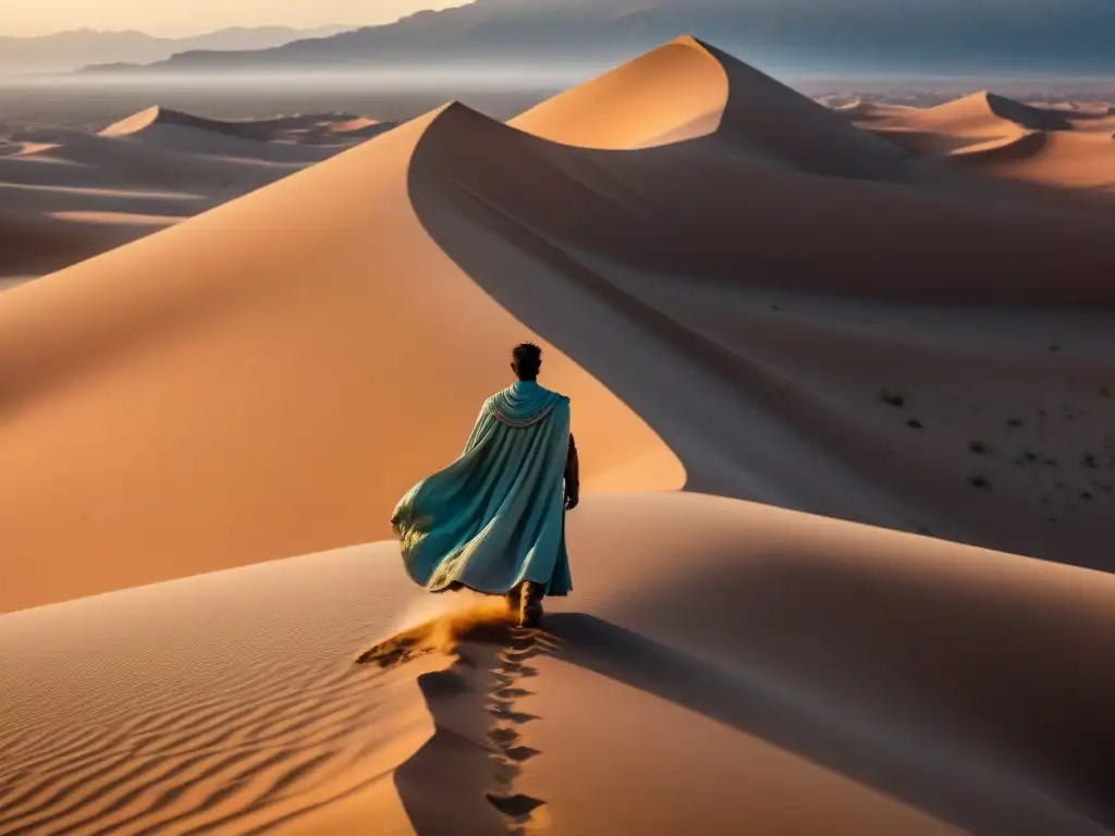 En el vasto desierto, un personaje con túnicas contempla el horizonte al atardecer