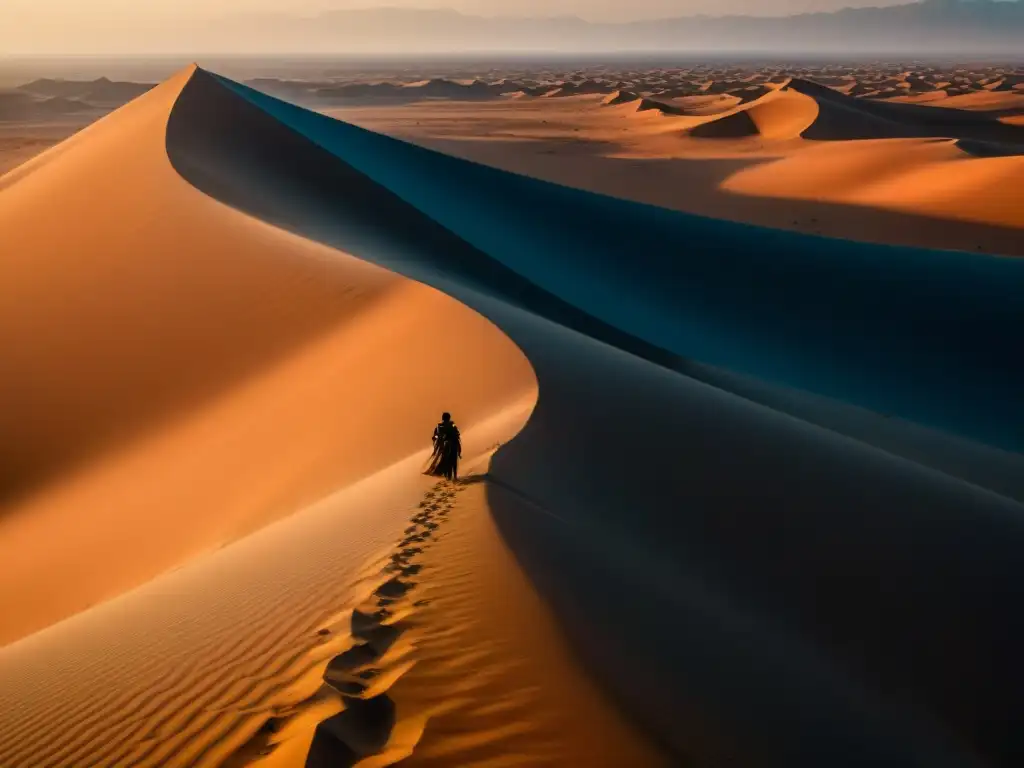 Un vasto paisaje desértico en Arrakis bajo el sol abrasador, con dunas de arena, ondas de calor y una máquina recolectora de especias en la distancia