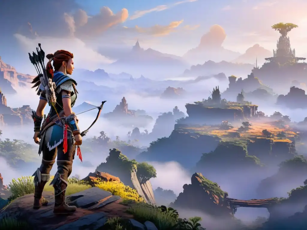 Aloy en el horizonte: belleza postapocalíptica Aloy contempla el vasto paisaje postapocalíptico al atardecer, en el Universo de Horizon Zero Dawn