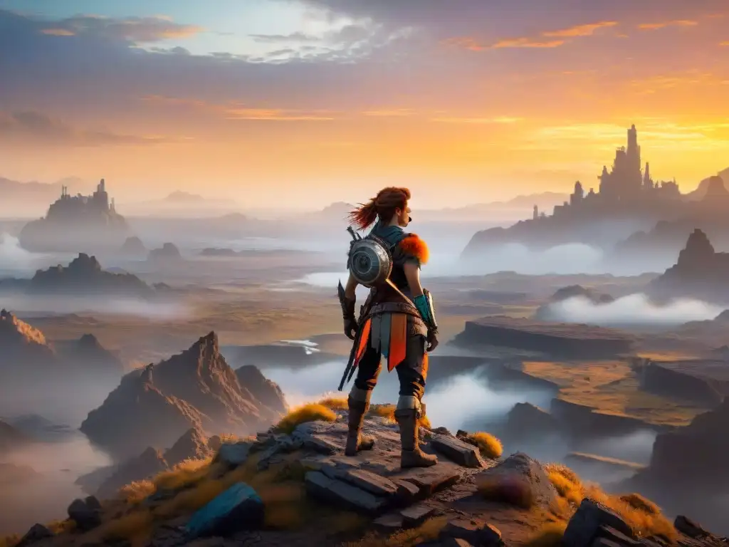 Aloy contempla paisaje postapocalíptico Aloy contempla el vasto paisaje postapocalíptico del Universo de Horizon Zero Dawn al atardecer