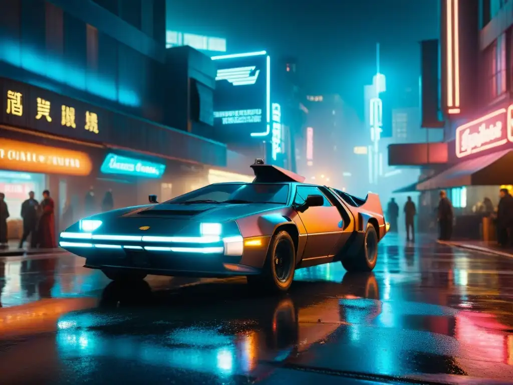 Réplica vehículo ciencia ficción Blade Runner con luces neón en ciudad cyberpunk nocturna