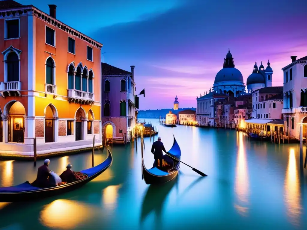 Una Venecia de ensueño al anochecer, reflejos en el agua y góndolas en el Grand Canal