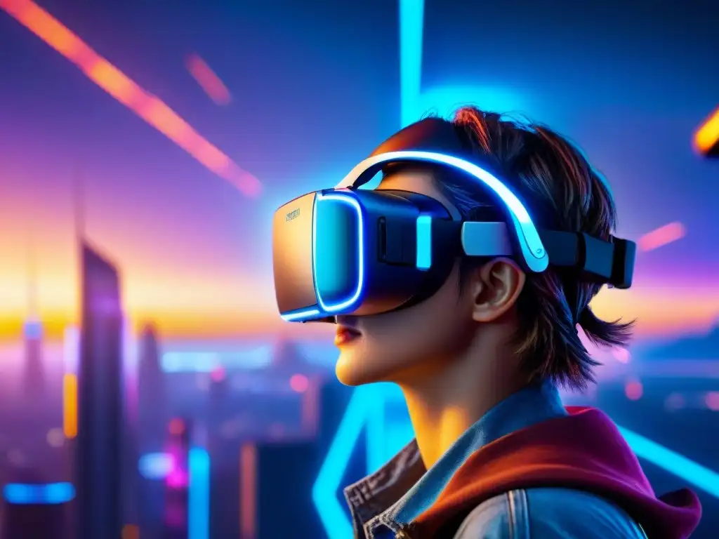 Viabilidad tecnología Ready Player One: Un casco de realidad virtual futurista sobre una consola de alta tecnología, en un paisaje digital asombroso