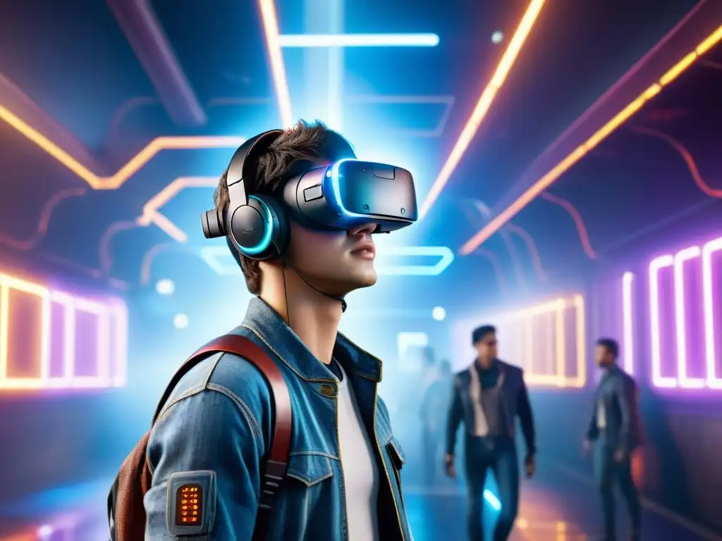 Viabilidad tecnología Ready Player One: Persona inmersa en un mundo virtual futurista con luces neón y tecnología avanzada