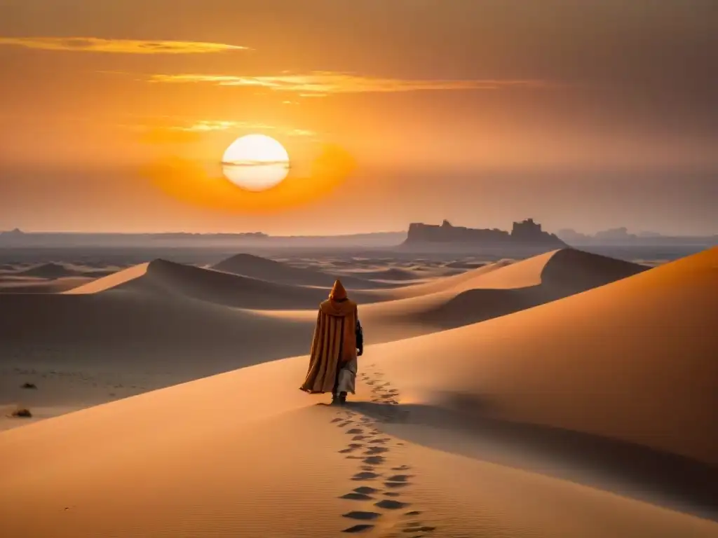 Un viaje solitario en Tatooine, con los soles gemelos iluminando el desierto en narrativa ciencia ficción