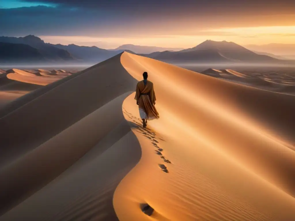 Un viaje solitario a través de un desierto místico bajo un cielo estrellado, evocando un profundo análisis de mundos ficticios profundos