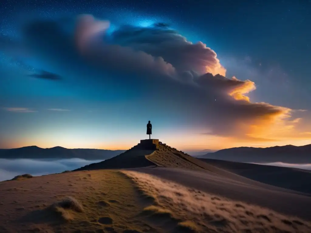 Un viajero solitario reflexiona bajo un cielo estrellado, en un paisaje desolado donde una estructura misteriosa se yergue entre la niebla