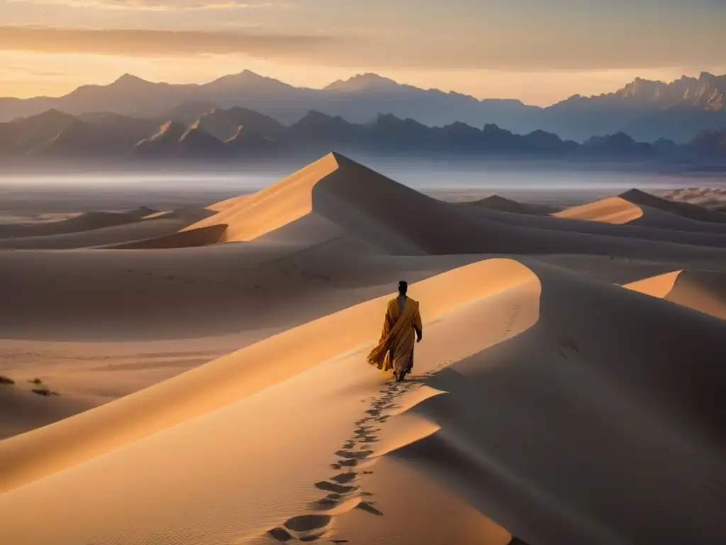 Un viajero solitario en la cima de una duna, vestido con túnicas al viento, contempla un desierto dorado al atardecer