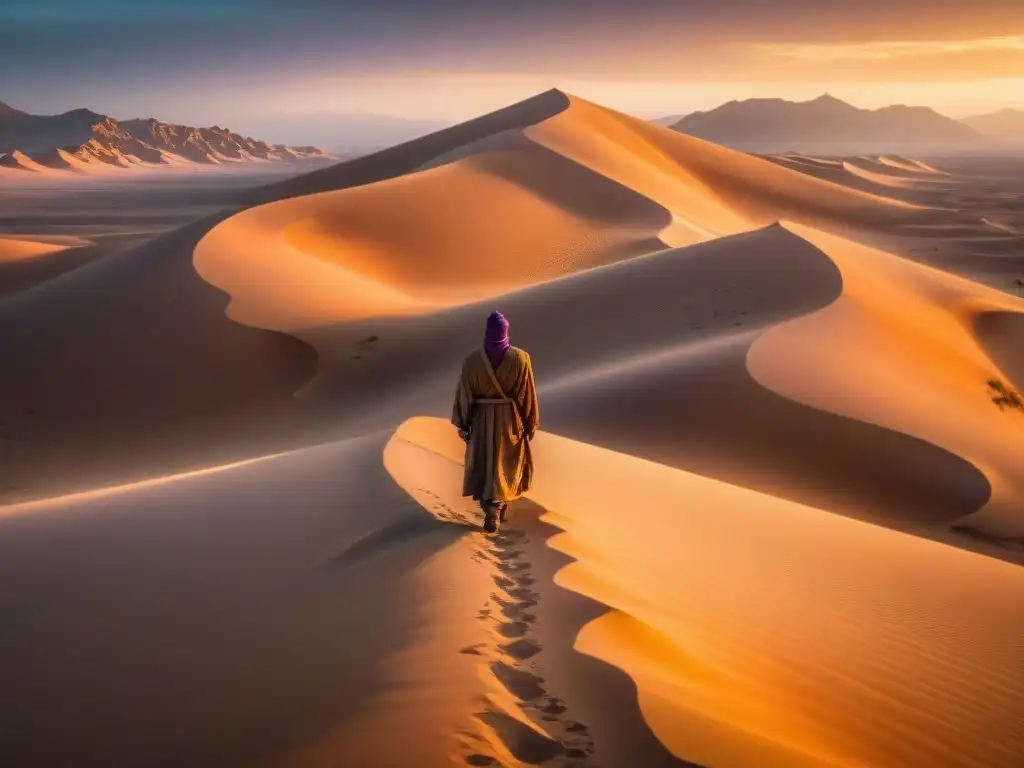 Un viajero solitario atraviesa las dunas doradas de un desierto vasto, con un cielo de colores evocadores