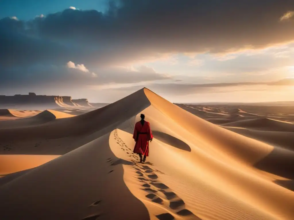 Un viajero solitario en un paisaje desértico dorado, bajo un cielo hipnótico