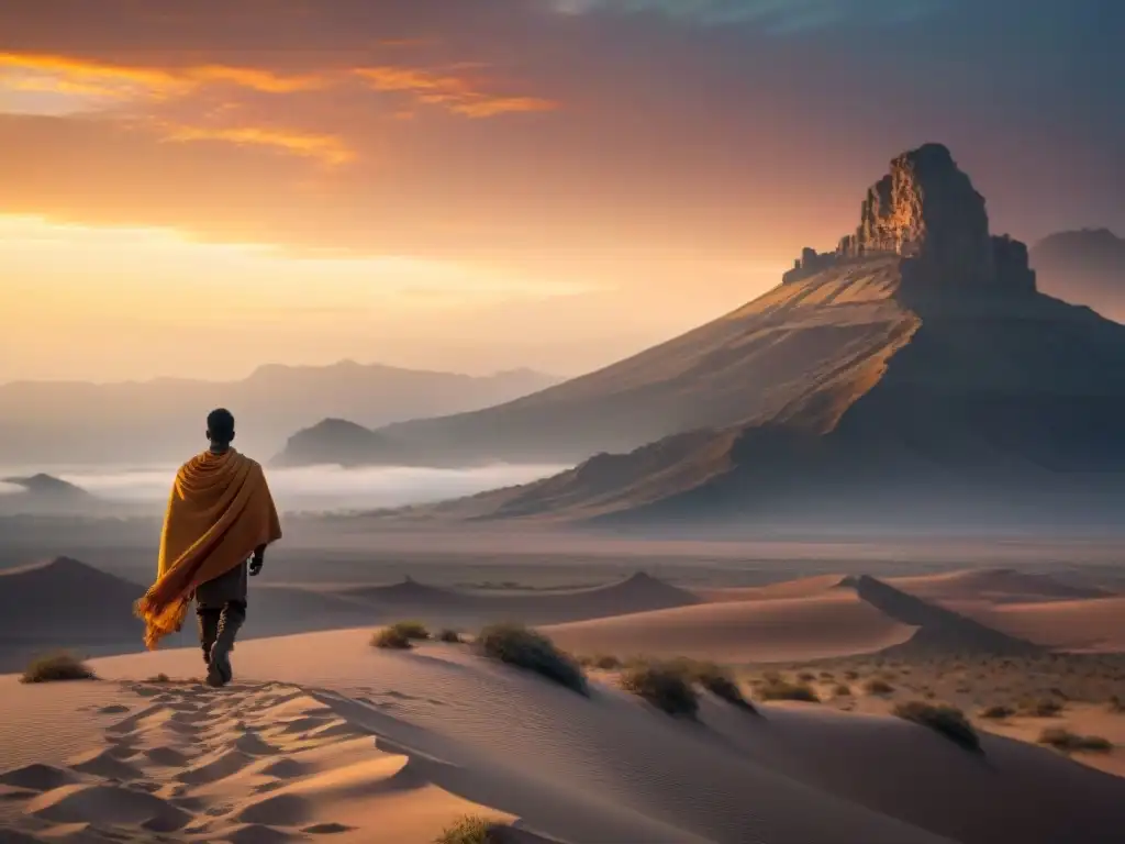 Un viajero solitario avanza hacia la puesta de sol en un desierto con ruinas lejanas, evocando el espíritu de 'Journey'
