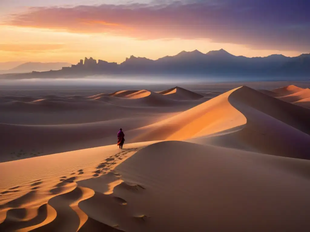 Un viajero solitario contempla las ruinas antiguas en un desierto dorado al atardecer