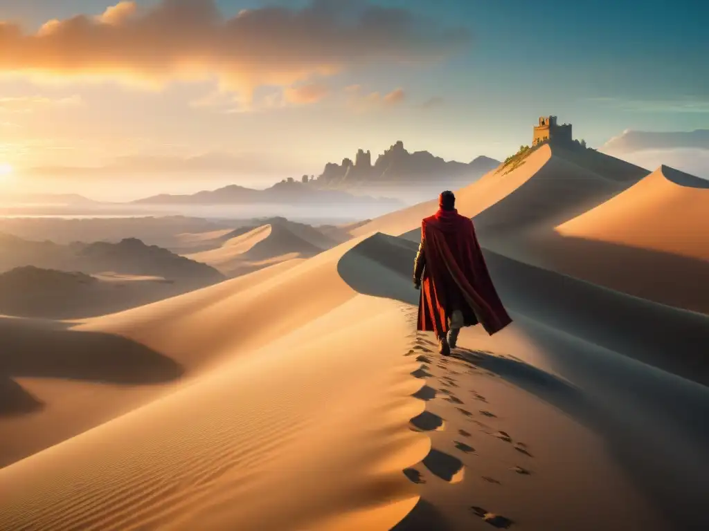 Un viajero solitario en un vasto desierto al atardecer, evocando exploración y maravilla