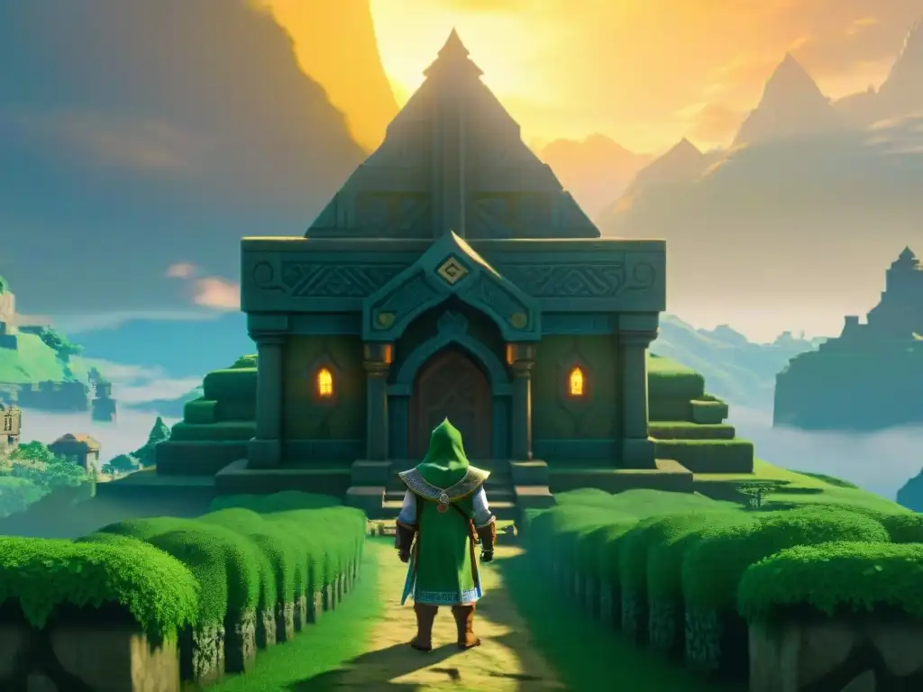 Un viajero se acerca al Templo del Tiempo en Hyrule, envuelto en misticismo y reverencia