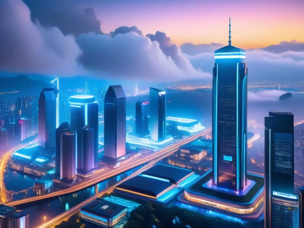 Vibrante arquitectura futurista en 'Fifth Element' con luces de neón y tecnología avanzada