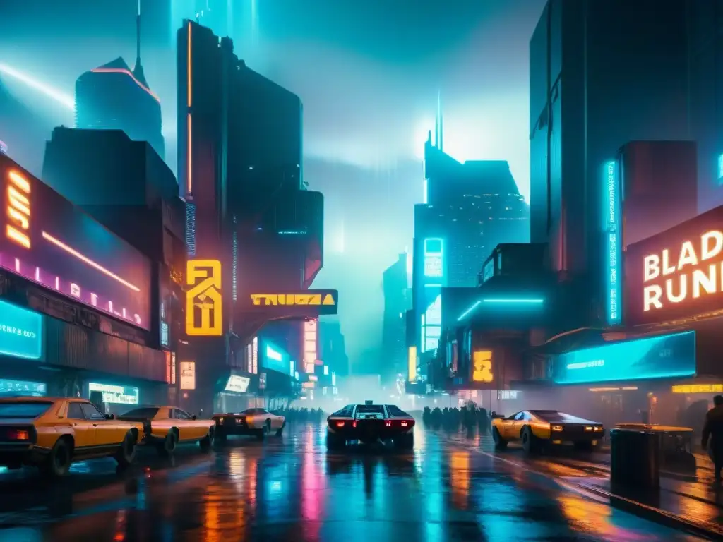 Vibrante arquitectura futurista en Blade Runner: rascacielos neón reflejados en calles lluviosas