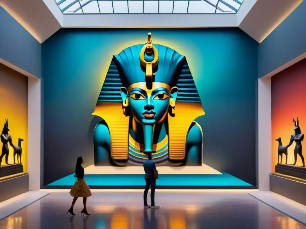 Vibrante galería de arte moderno con influencia de la mitología egipcia, destacando obras de Anubis y Osiris