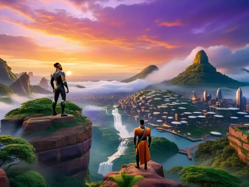 Un vibrante atardecer en Wakanda, donde la arquitectura futurista se fusiona con exuberante naturaleza y ciudadanos en atuendos tradicionales