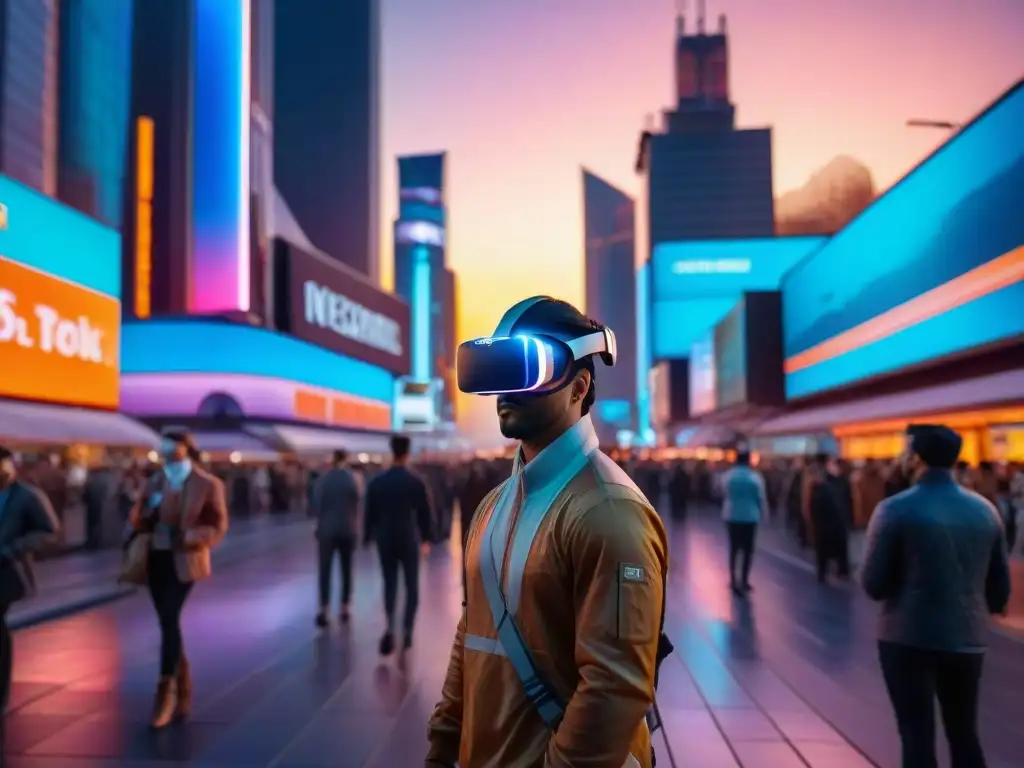 Vibrante ciudad futurista al atardecer, fusionando lo físico y digital en una crisis identidad era digital