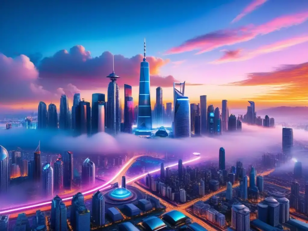 Vibrante ciudad futurista al atardecer con luces neón, vehículos voladores y hologramas proyectando utopía