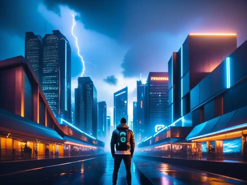 Vibrante ciudad futurista cyberpunk con luces de neón sobre rascacielos bajo un cielo tormentoso, reflejando el capitalismo extremo en ciberespacio