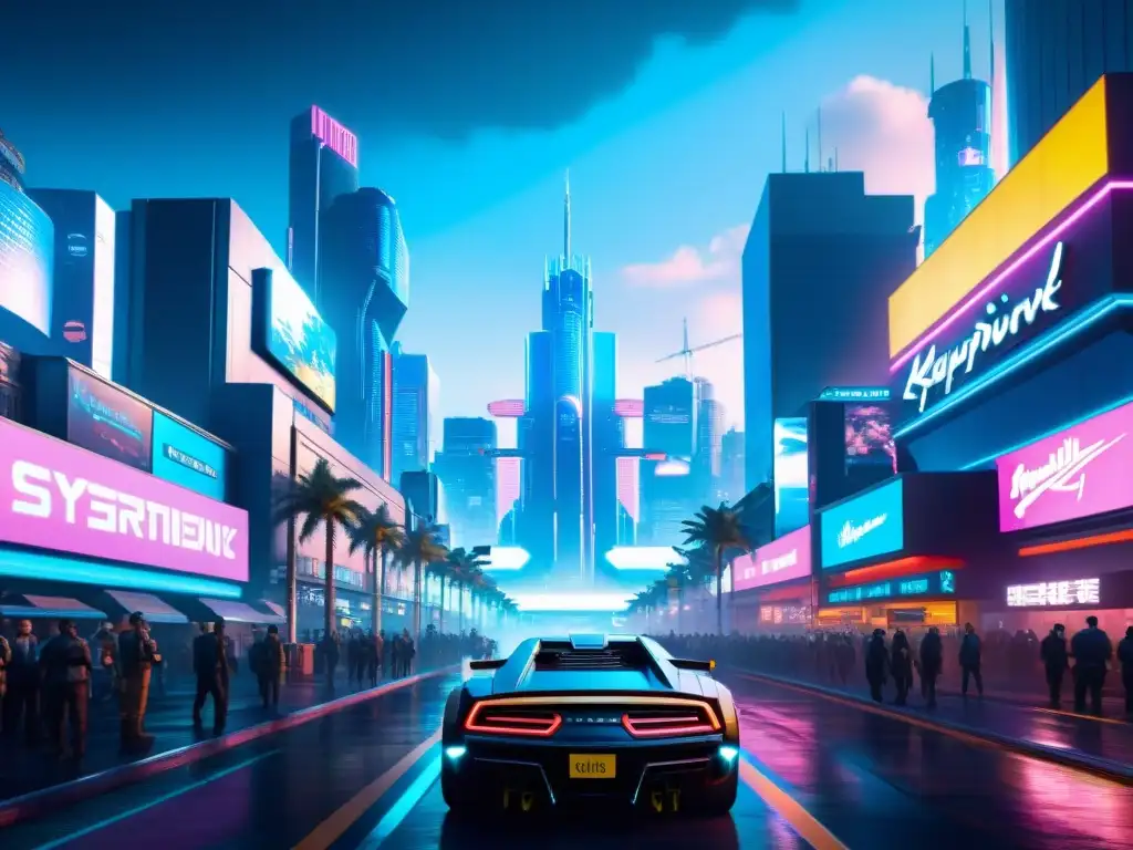 Vibrante ciudad futurista de 'Cyberpunk 2077' con rascacielos neon, calles llenas de personas cibernéticas e hologramas