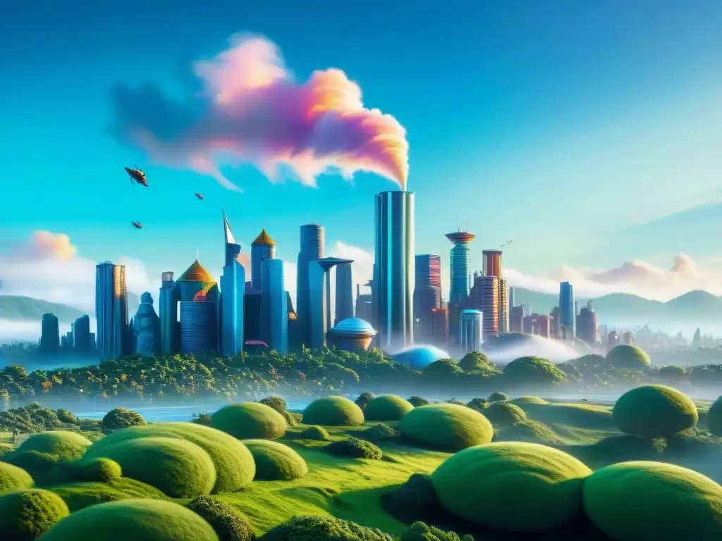 Vibrante ciudad futurista al estilo de 'The Lorax', con innovaciones tecnológicas en armonía con la naturaleza