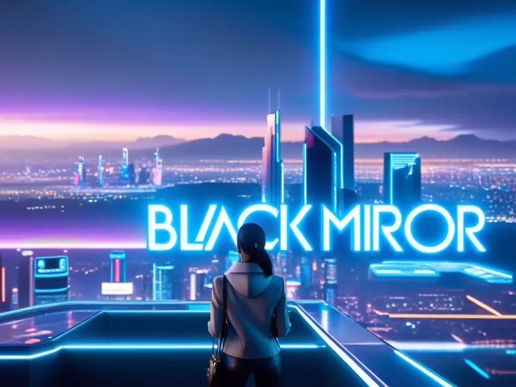 Vibrante ciudad futurista iluminada por luces de neón y hologramas, reflejando una distopía tecnológica en Black Mirror