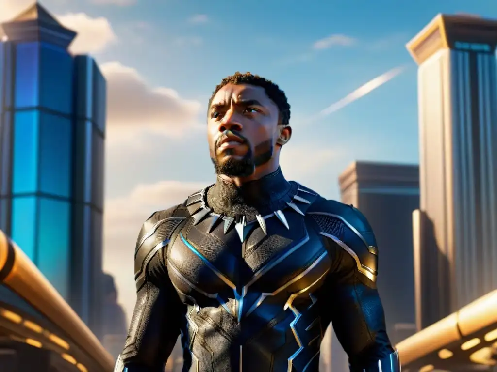 Una vibrante ciudad futurista en Wakanda con indumentaria en culturas ficticias