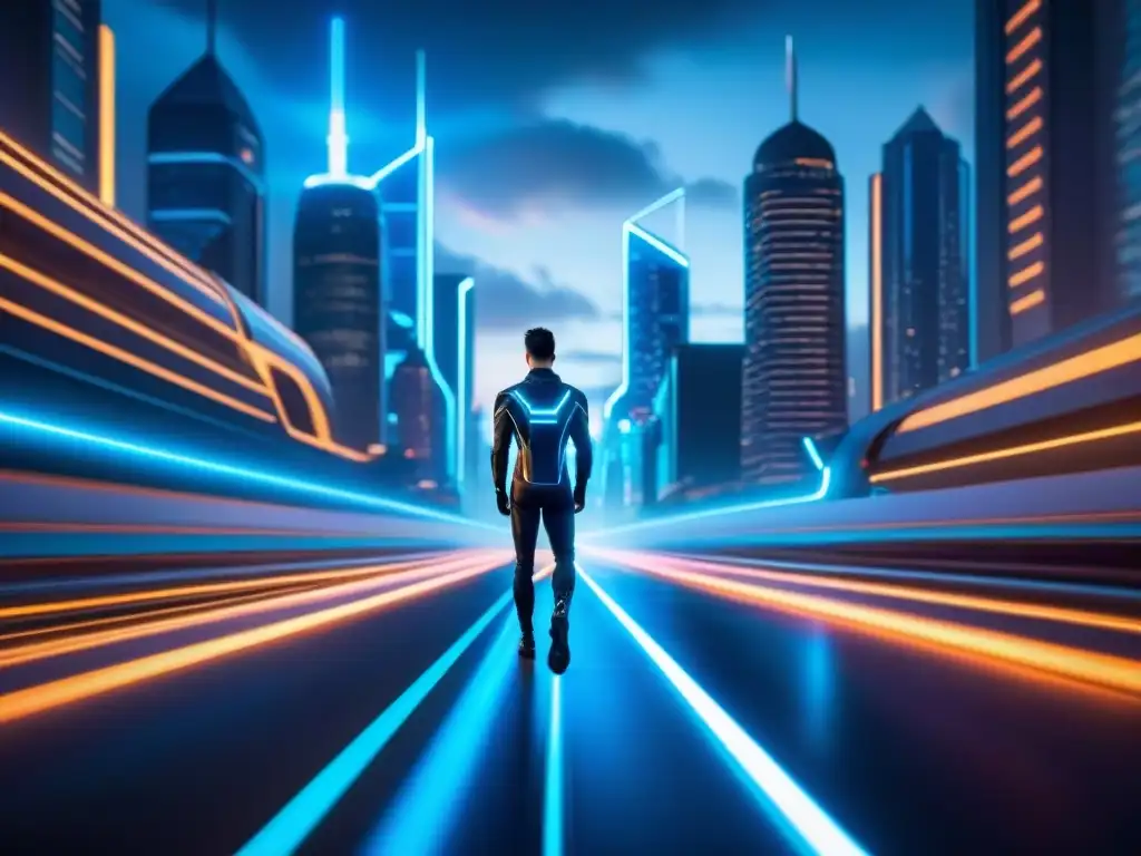 Vibrante ciudad futurista inspirada en 'Tron' con rascacielos neón y carreras de motos de luz