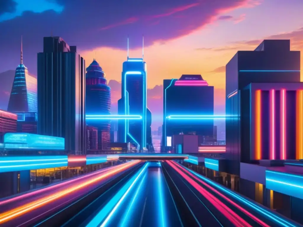 Vibrante ciudad futurista inspirada en Tron, con luces de neon y edificios angulares