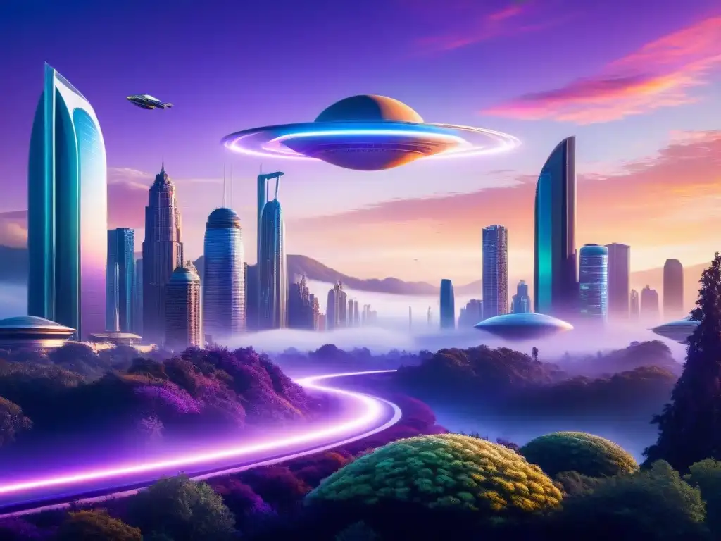 Vibrante ciudad futurista de otro mundo, con rascacielos metálicos bajo la luz de múltiples lunas en un cielo violeta