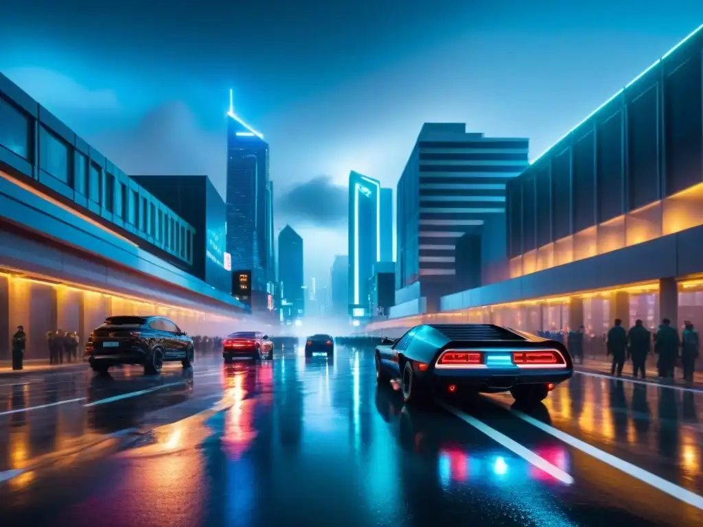 Vibrante ciudad futurista de noche con luces neón y lluvia, evocando la estética de 'Matrix'