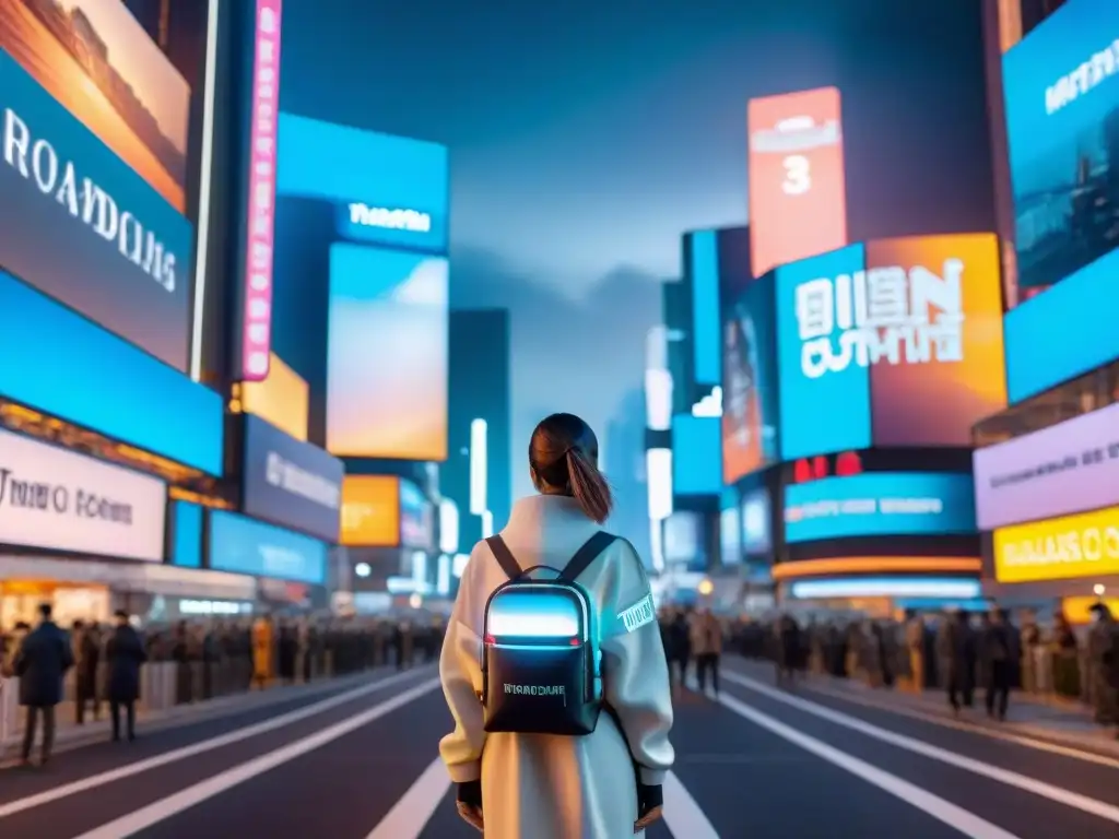 Vibrante ciudad futurista de noche con hologramas publicitarios