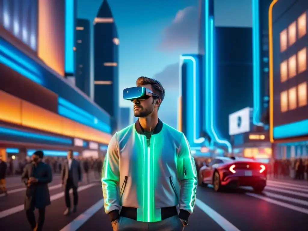 Vibrante ciudad futurista de noche con Realidad Virtual en Sociedad Futura