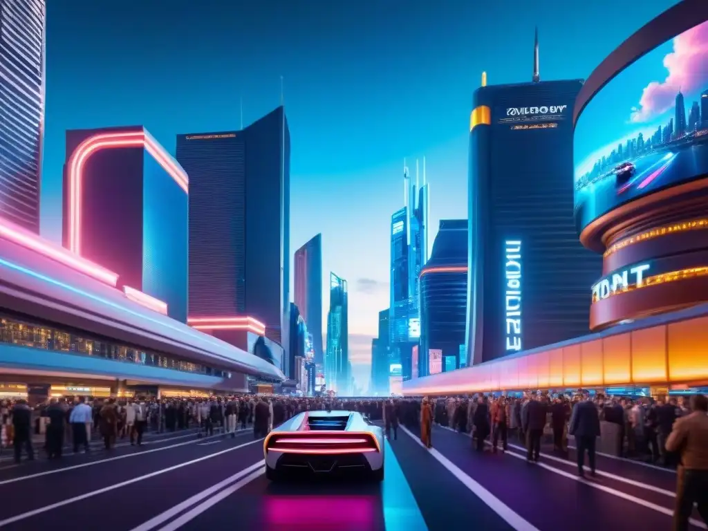 Metropolis futurista: íconos de la ciencia ficción en acción Vibrante ciudad futurista de noche con rascacielos iluminados, autos voladores y holograma gigante de ícono de ciencia ficción