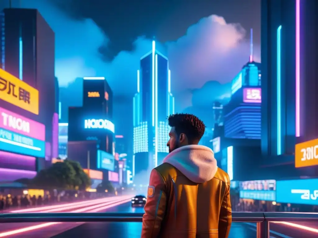 Vibrante ciudad futurista de noche con luces de neón y hologramas, inspirada en el cyberpunk