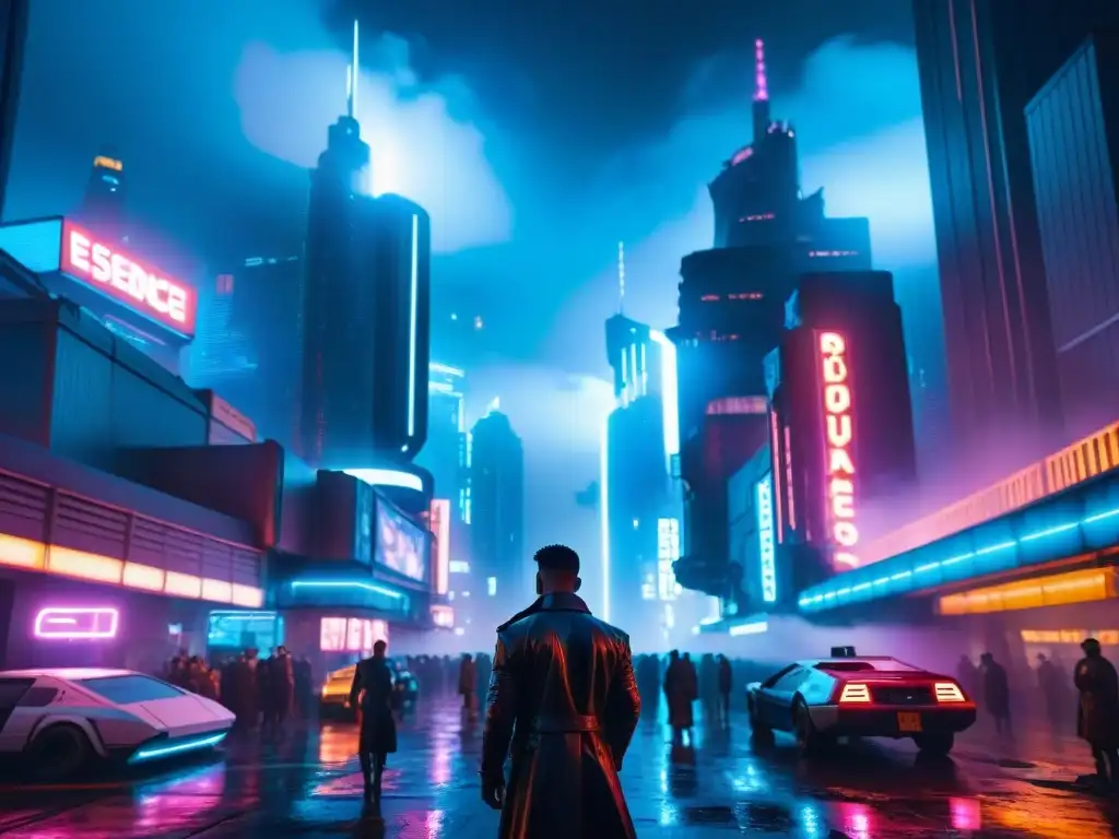 Vibrante ciudad futurista de noche, inspirada en Blade Runner