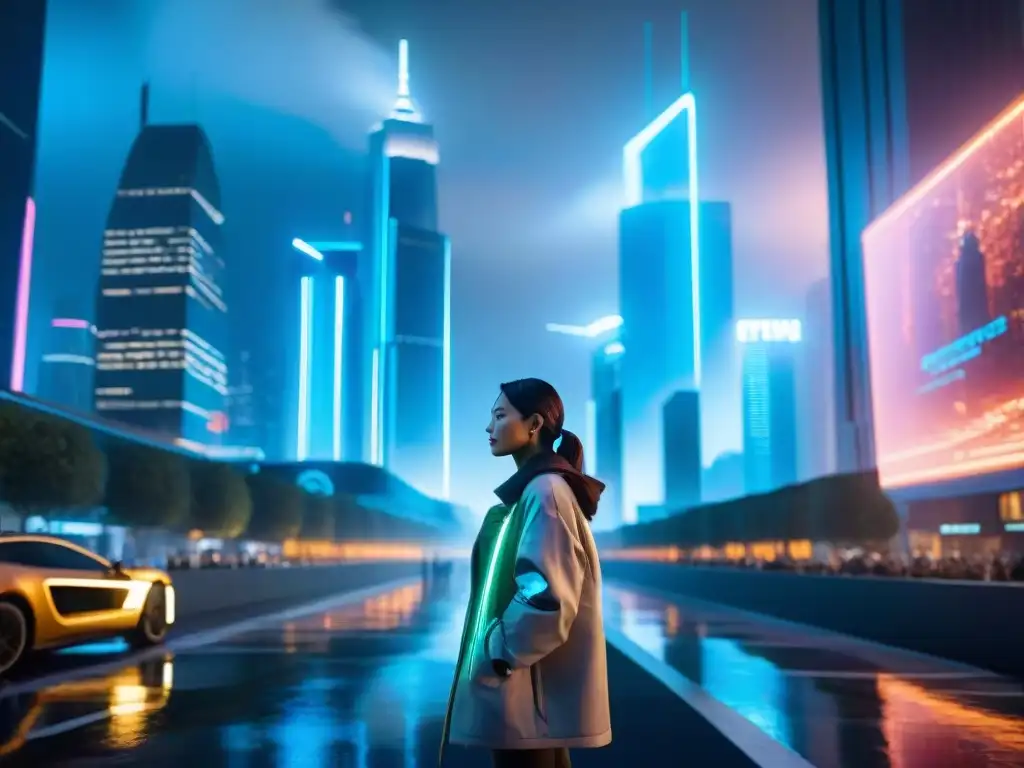 Vibrante ciudad futurista de noche con elementos de realidad aumentada en series ficticias