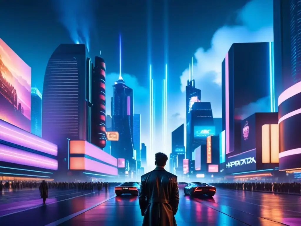 Vibrante ciudad futurista nocturna, con luces neón y hologramas, evocando la influencia ciencia ficción en filosofía