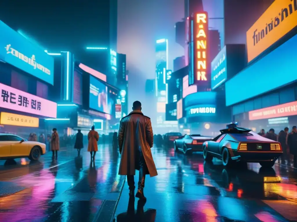 Vibrante ciudad futurista nocturna al estilo Blade Runner con arquitectura futurista en un paisaje urbano distópico