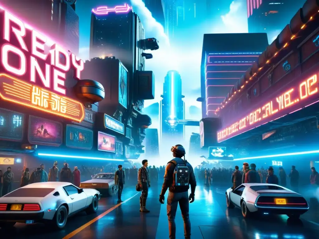 Vibrante ciudad futurista de 'Ready Player One' con rascacielos, luces de neón y avatares en realidad virtual