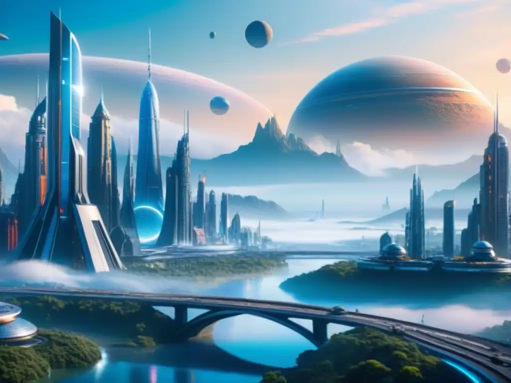 Vibrante ciudad futurista en un planeta alienígena con naves y múltiples lunas