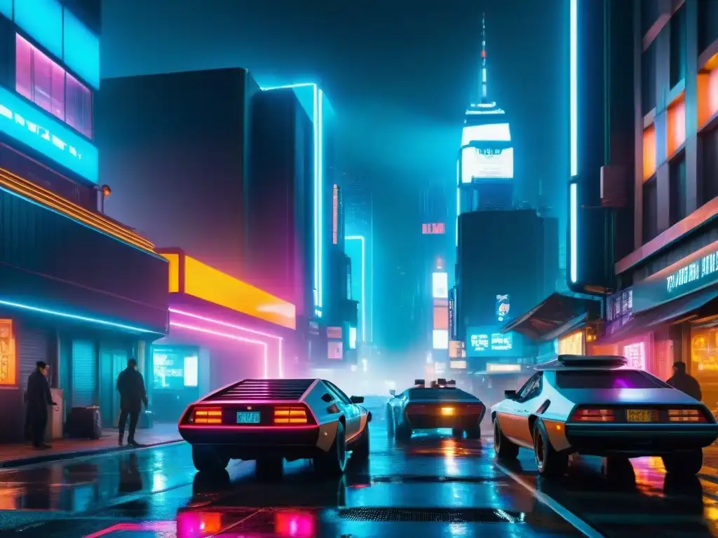 Vibrante ciudad futurista de Blade Runner: rascacielos iluminados con luces de neón en la lluvia