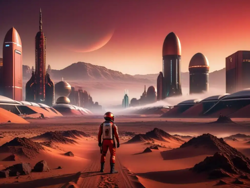 Vibrante ciudad marciana en The Expanse con rascacielos rojos y habitantes diversos bajo cielo carmesí